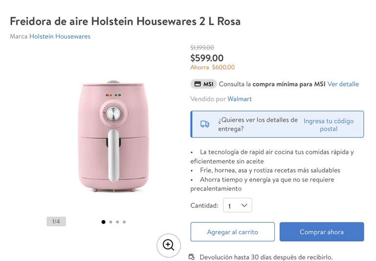 Walmart: Freidora de aire Holstein Housewares 2 L Rosa