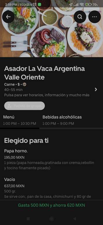 Uber Eats [Asador La Vaca Argentina, MTY]: Gasta 500 MXN, ahorra ¿620 MXN?