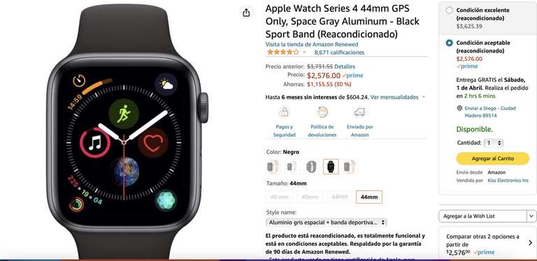 NUEVAMENTE DISPONIBLE AMAZON, Apple Watch Series 4 GPS 44 mm blanco Renovado Aceptable $2,576.00 + 6MSI y en Excelentes en $3,629.40