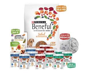Walmart en línea: Alimento seco para perro Purina Beneful Bundle salud radiante salmón 10kg + 12 sobres+ 1 snack 269gr + 1 Cobija
