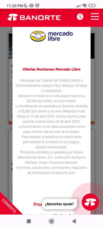 Banorte x Mercado libre: Ofertas nocturnas, hasta 15% OFF con tarjeta digital (10% con física) a 1 pago (mín $2500, tope a $3000)