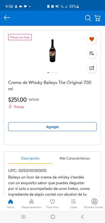 Walmart: Crema de Whisky Baileys The Original 700 ml