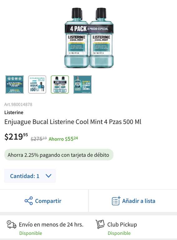 SAM’S CLUB: Enjuague bucal Listerine Cool Mint 4 Pzas/500ml