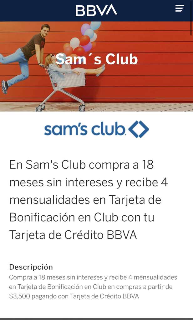 Sam's Club: Bbva 4 mensualidades en tarjeta de bonificación SAMSa 18msi con  bbva 