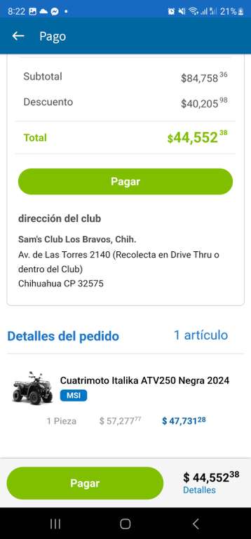 Sam's Club: Cuatrimoto ATV250 2024 a 44,552.00 con TDC