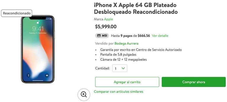 Bodega Aurrera iPhone X 64gb Reacondicionado
