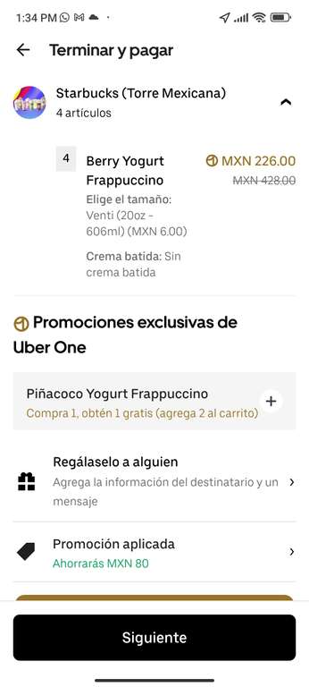Uber Eats: Starbucks 2x1 + 80 OFF (Uber One)