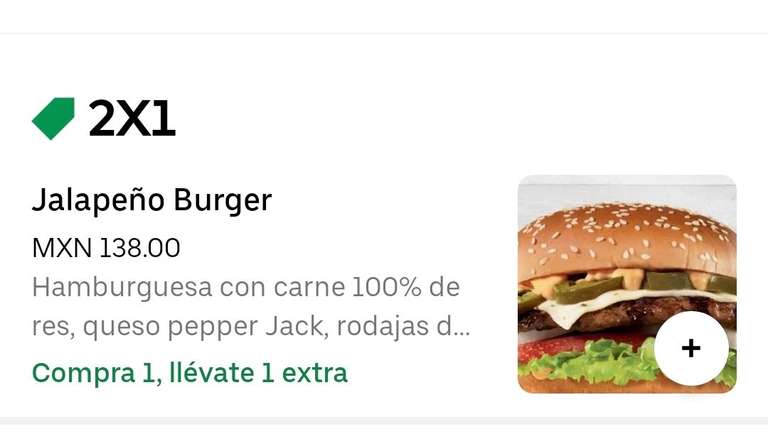 Carl's jr, jalapeño burger 2x1 en Uber eats Metepec
