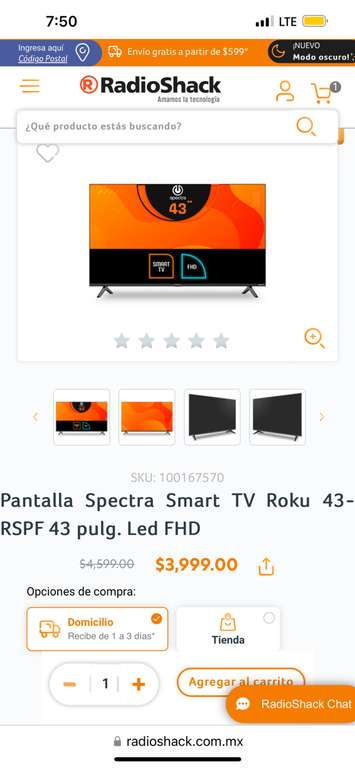 RadioShack: Pantalla spectra Smart Tv 43 pulg
