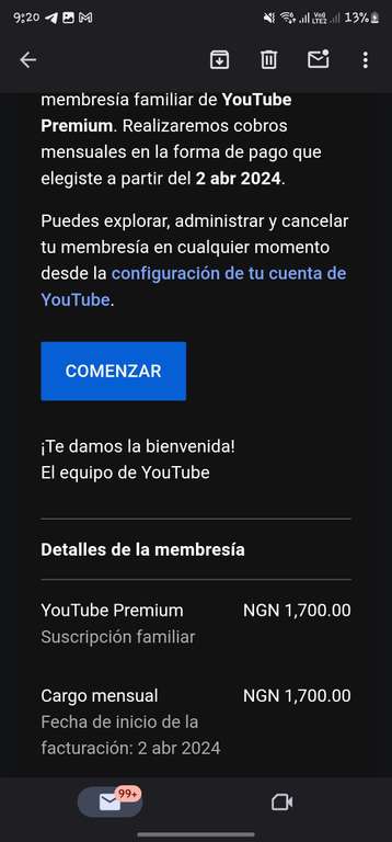 YouTube Premium Familiar (Nigeria) $18