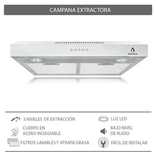 Amazon: SUPRA - Campana extractora de pared de 60 cm - 3 velocidades de extracción - Luces LED - Filtros de Acero Lavables