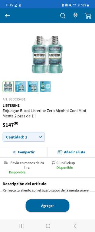 Sam's Club: Listerine zero cool mint 2lts