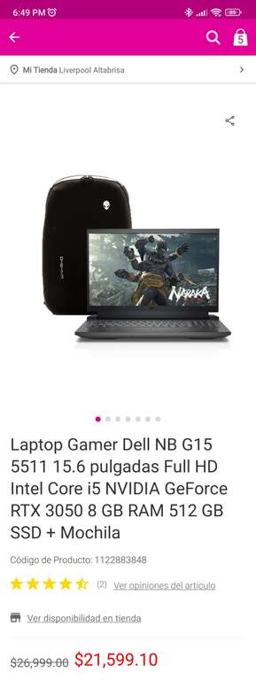 Liverpool: Laptop gamer Dell Core I5 11va Gen, RTX 3050, RAM 8GB, SSD 512