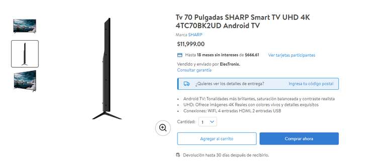 Walmart: Smart tv sharp 70 pulgadas 4k android tv