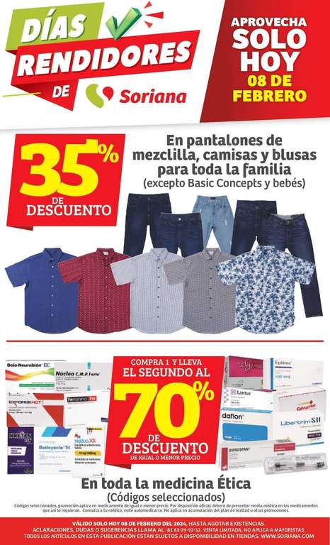 Soriana: Días Rendidores 8 Febrero: 35% desc. en Regio, Lysol, pantalones de mezclilla, camisas y blusas • 2° al 70% desc. en medicina ética