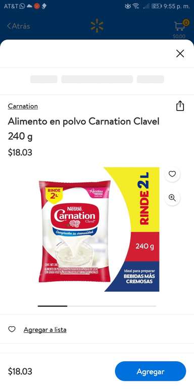 Walmart Super: Alimento en polvo Carnation clavel 240 grs.(2 litros)