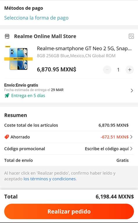 AliExpress: REALME GT NEO 2, 5G ( 8GB/256GB ) rom global