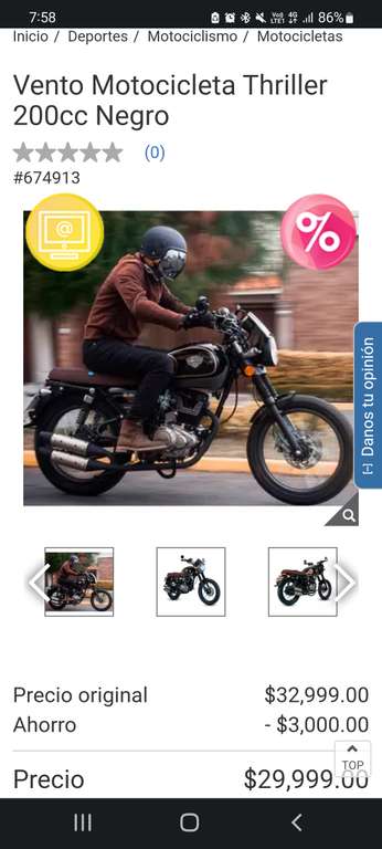 Costco: Vento Motocicleta Thriller 200cc Negro cupon paypal y citibanamex tdc