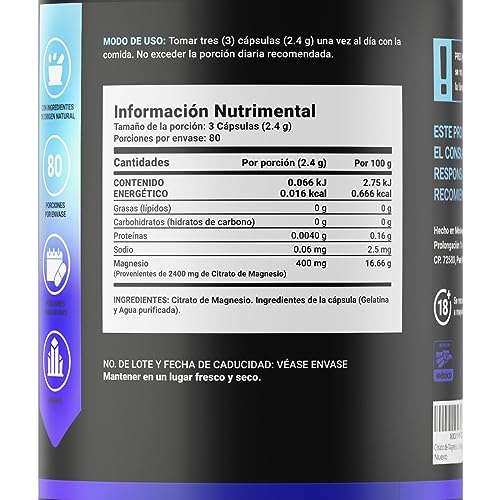 Amazon: Citrato de Magnesio Puro 2400 mg por porción. Alta absorción con 240 caps. Ingredientes Naturales. Citrate Mag B Life.