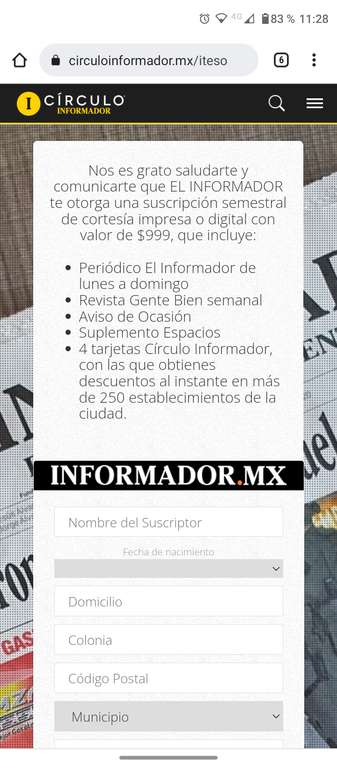 Suscripción gratuita por 6 meses El Informador y 4 tarjetas Circulo Informador Jalisco