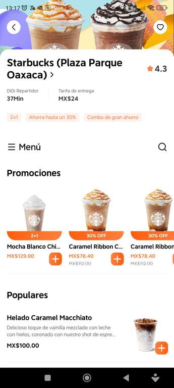 Didi food y Starbucks : 2x1 Frappuccinos