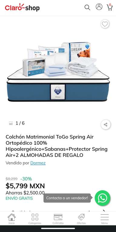 Claro Shop: Colchón Matrimonial ToGo Spring Air Ortopédico 100% Hipoalergénico+Sabanas+Protector Spring Air+2 ALMOHADAS DE REGALO