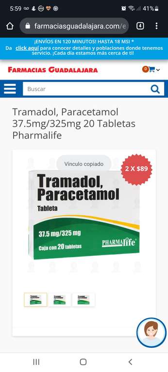 Farmacia Guadalajara: 2x $89..Tramadol, Paracetamol 37.5mg/325mg 20 Tabletas Pharmalife