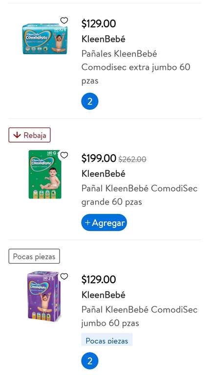 Walmart Expréss y Walmart tienda fisica: Pañal Kleenbebe Comodisec etapa 5 y 6 con 60 piezas $129