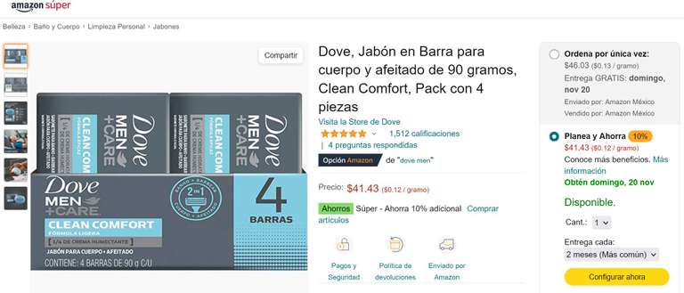 Amazon: Dove, Jabón en Barra para cuerpo y afeitado de 90 gramos, Clean Comfort, Pack con 4 piezas