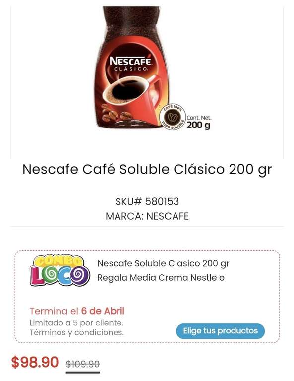 HEB: Combolocos Nescafé soluble clásico 200gr regala 2 leche clavel de 360grs