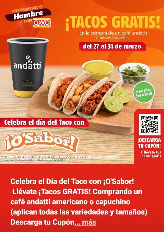Oxxo App [Mérida]: Tacos gratis en la compra de un andatti americano o capuchino (de cualquier tamaño)