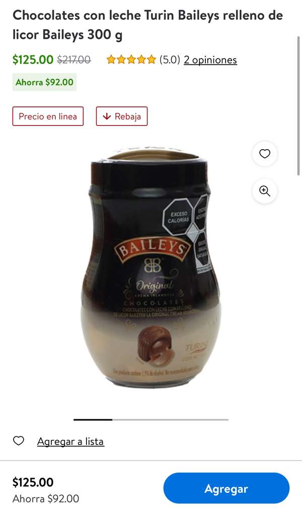 Walmart: Chocolates con leche Turin Baileys relleno de licor Baileys 300 g  