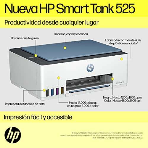 Amazon - HP Impresora Multifuncional Smart Tank 525, Tinta Continua, Color, USB, Dúplex (Doble Cara) Manual, hasta 2 años de Garantía*