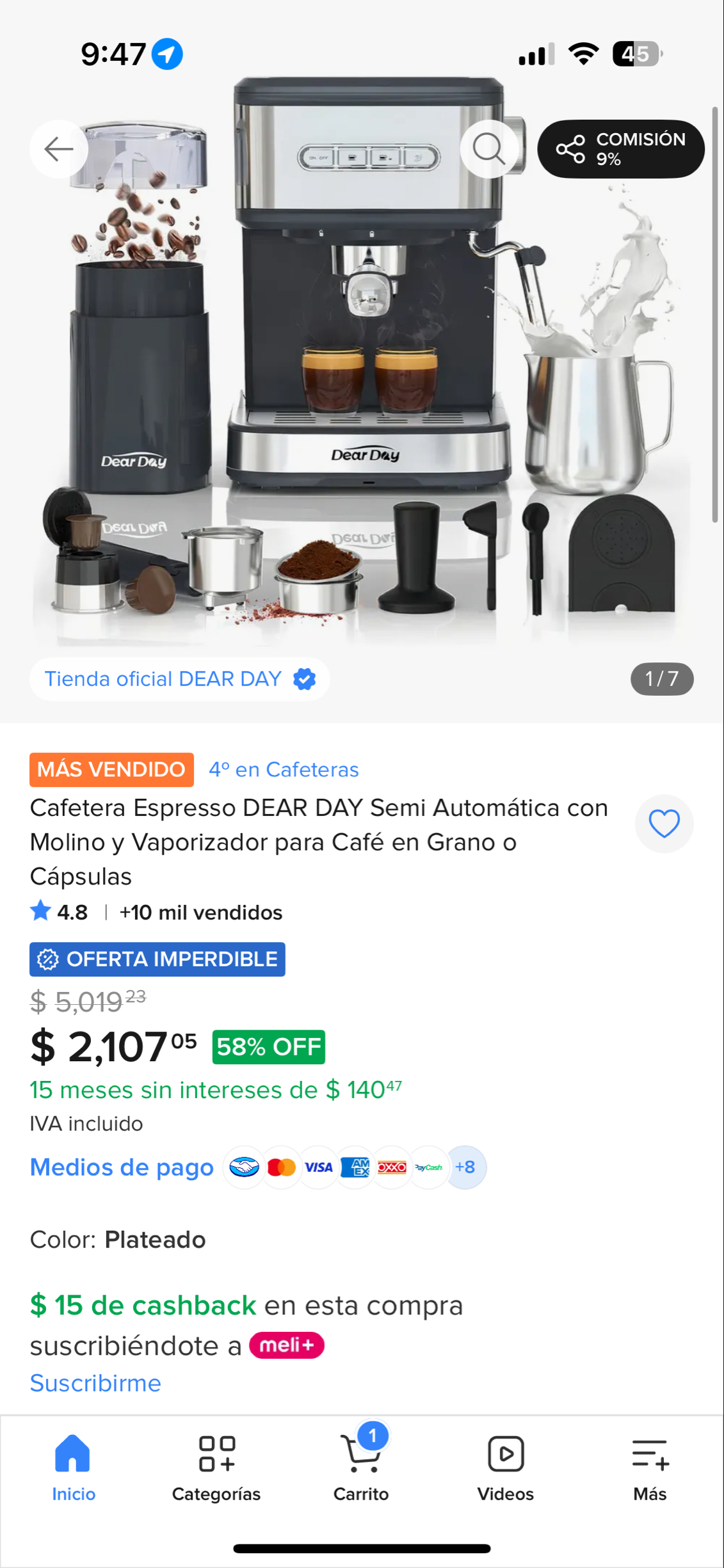 Mercado Libre: Cafetera Espresso DEAR DAY Semi Automática con Molino y Vaporizador para Café en Grano o Cápsulas