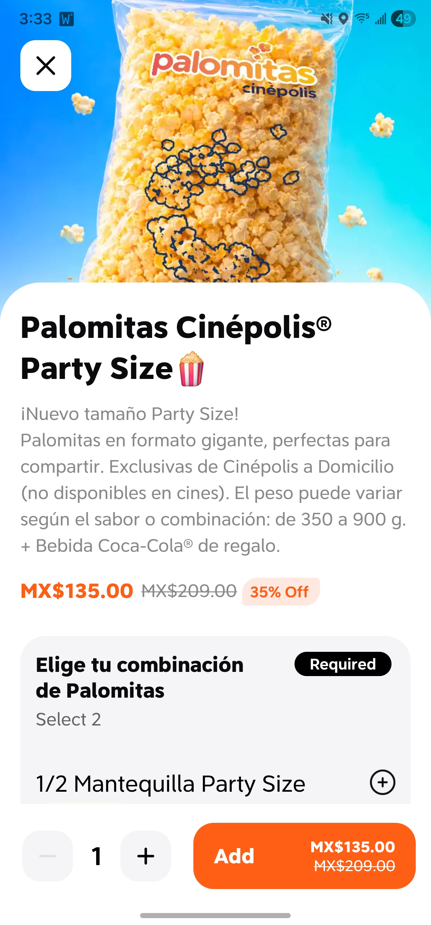 DiDi Food: Palomitas Cinépolis combo party
