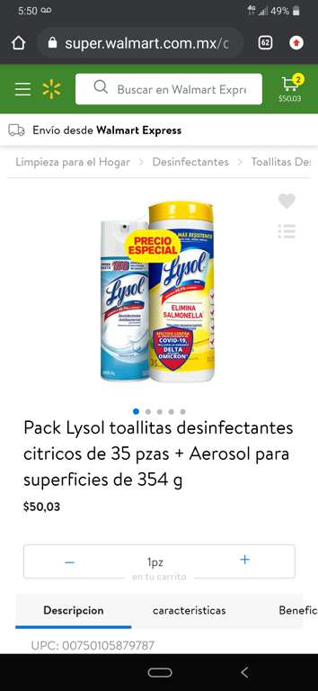 Walmart: Pack Lysol toallitas desinfectantes citricos de 35 pzas + Aerosol para superficies de 354 g