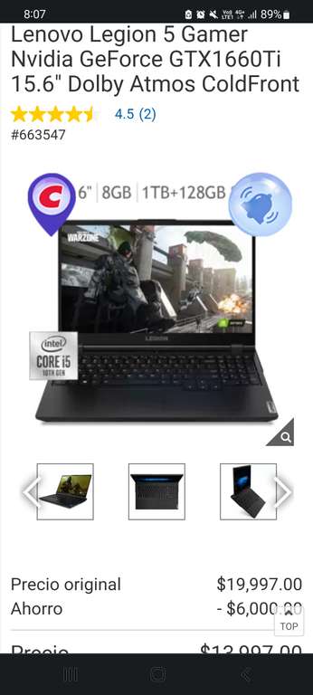 Costco: laptop Lenovo Legion 5 Gamer Nvidia GeForce GTX1660Ti 15.6" Dolby Atmos ColdFront + paypal y HSBC