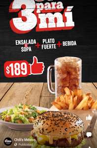 Chili's: $189 por plato fuerte + bebida + ensalada o sopa