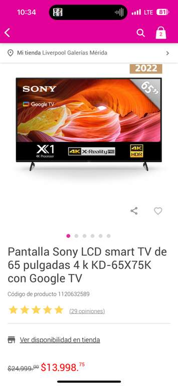Liverpool: Pantalla Sony LCD smart TV de 65 pulgadas 4 k KD-65X75K con Google TV