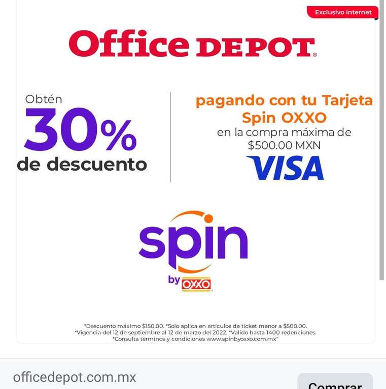 Office Depot: 30% de descuento pagando con spin oxxo máximo $150