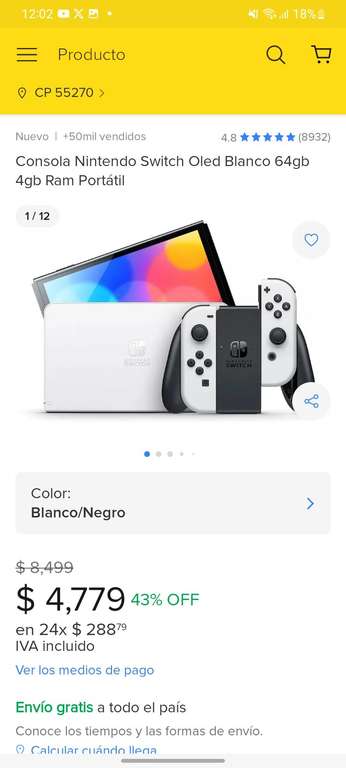 Mercado Libre: Nintendo Switch Oled 64gb Blanco pagando con Dinero en cuenta de Mercado Pago