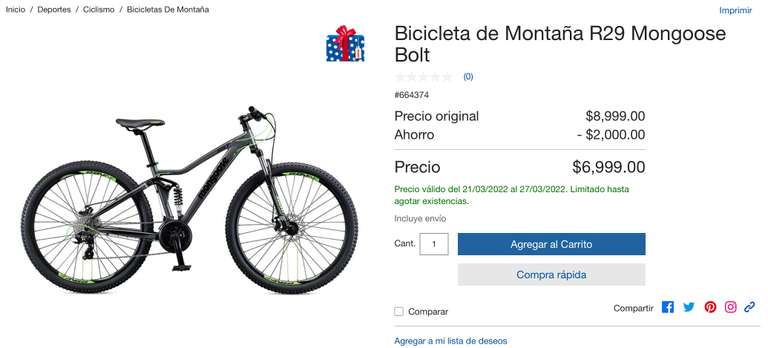 Costco: Bicicleta de Montaña R29 Mongoose Bolt | comprando desde la app