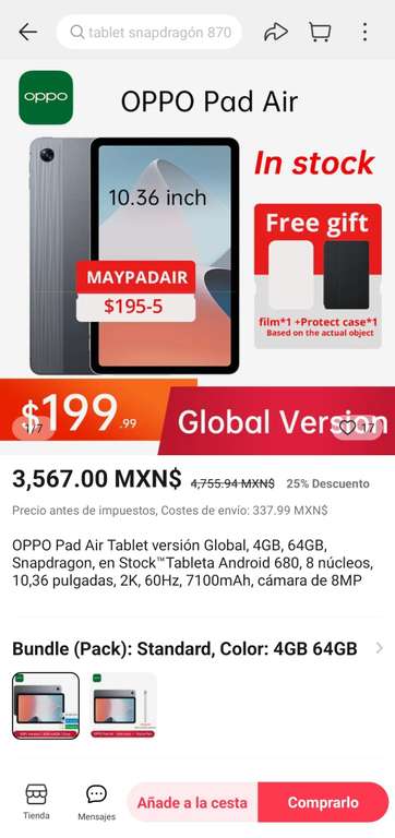 AliExpress: TABLETA OPPO PAD AIR ( 4GB/64GB ) versión global