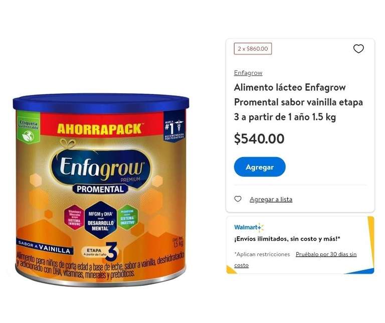 Walmart: Enfagrow et3 Vainilla Lata de 1.5kg en Oferta a 2x$860