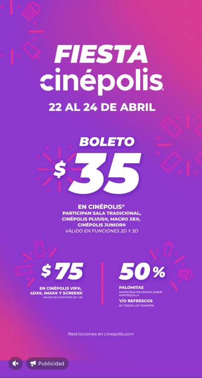 Cinépolis - $35 entradas, $75 por VIP, hasta 50% de descuento en palomitas "Fiesta Cinépolis" (22 al 24 Abril)