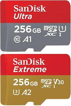 Amazon: Memoria Micro SD Sandisk Ultra de 256GB ($482), Sandisk Extreme 256GB u3 4K ($631)
