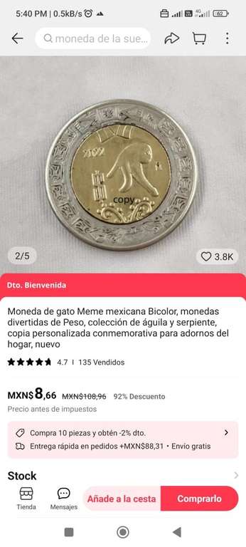 AliExpress: moneda meme sinko peso (8 pesos en cuenta nueva)