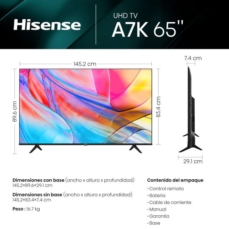 AMAZON - Hisense - Pantalla 4K de 65" 65A7K Google Smart TV 2023