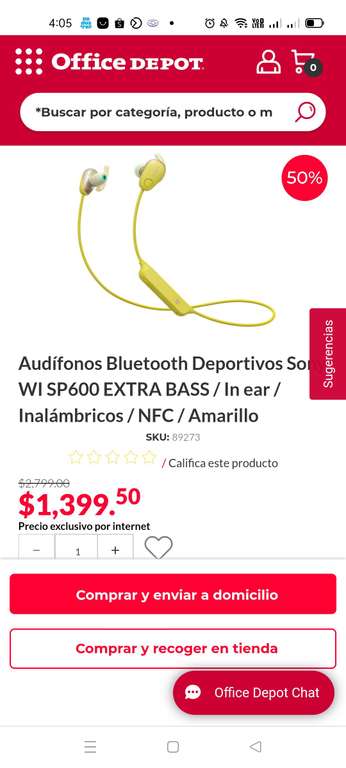 Office Depot: Audífonos Bluetooth Deportivos Sony WI SP600 EXTRA BASS / In ear / Inalámbricos / NFC / Amarillo