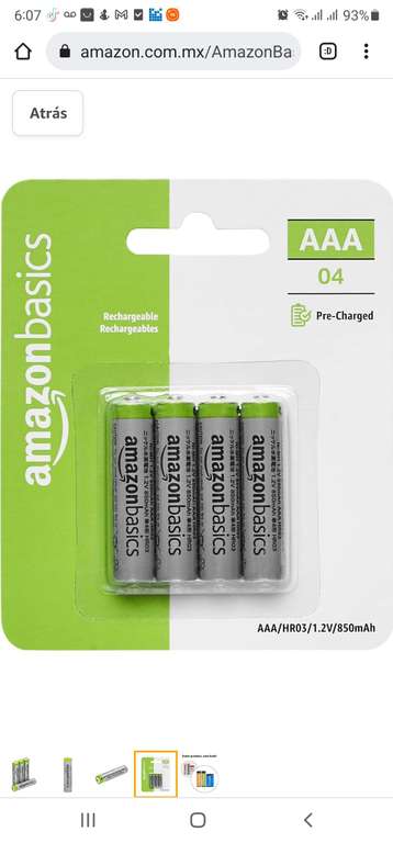 AmazonBasics Batería AAA de alta capacidad recargable, 4 unidades